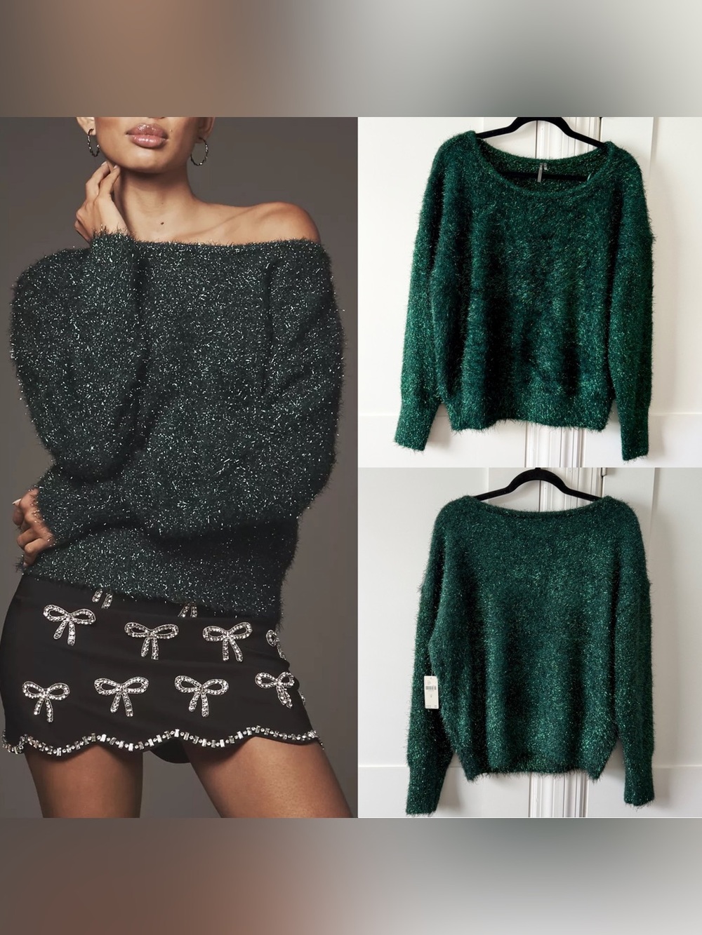 By Anthropologie Long-Sleeve Boatneck Tinsel Sweater Green Sz M